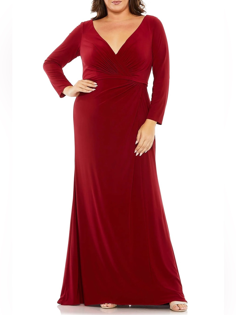 Mac Duggal Red Long Sleeve Faux Wrap V-Neck Evening Gown Size 20